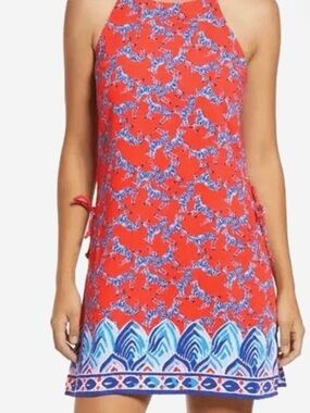 Lilly Pulitzer Coral Red and Blue Halter Shift Dress